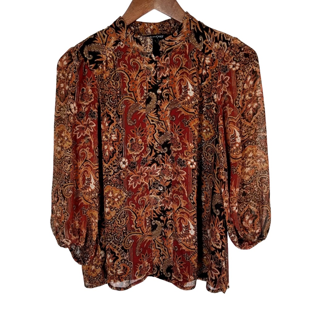 Sam & Jess Paisley Print Blouse Women's Small Long Sleeve‎ Semi Sheer